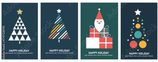 Fototapeta Merry Christmas Modern Card Set with Stylish Text Lettering and Graphic Elements on Blue Background – Vector Design for Holiday Greetings, Invitations, and Seasonal Celebration Projects