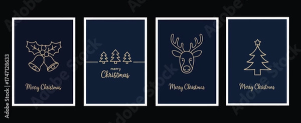 Fototapeta Merry Christmas Modern Card Set with Stylish Text Lettering and Graphic Elements on Blue Background – Vector Design for Holiday Greetings, Invitations, and Seasonal Celebration Projects