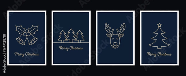 Fototapeta Merry Christmas Modern Card Set with Stylish Text Lettering and Graphic Elements on Blue Background – Vector Design for Holiday Greetings, Invitations, and Seasonal Celebration Projects