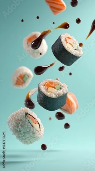 Fototapeta A sushi roll with sauce and a piece of avocado
