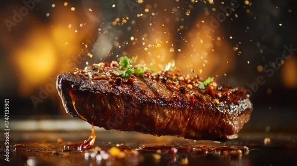 Fototapeta A piece of meat is being cooked on a grill
