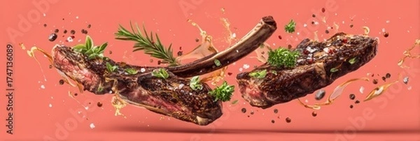 Fototapeta A close up of two pieces of meat with herbs and spices on top