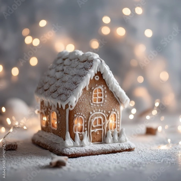 Fototapeta A gingerbread house with white icing and snow on it
