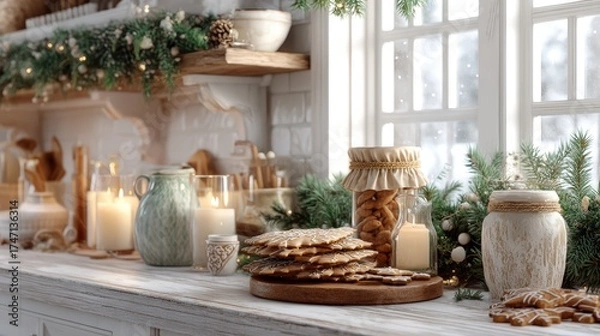 Fototapeta A table with a variety of food and drinks, including cookies, a jar of nuts
