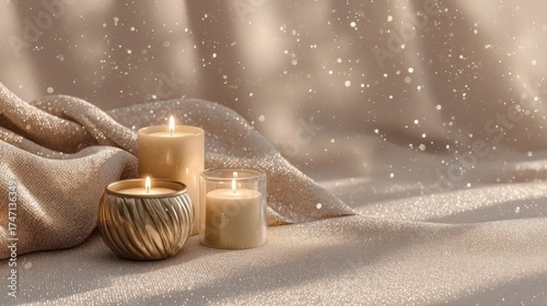 Fototapeta Three candles are lit on a tablecloth