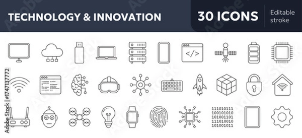 Obraz set of 30 minimal line icons featuring modern technology and innovation concepts such as coding, robotics, and digital devices, drawn in clean outline style