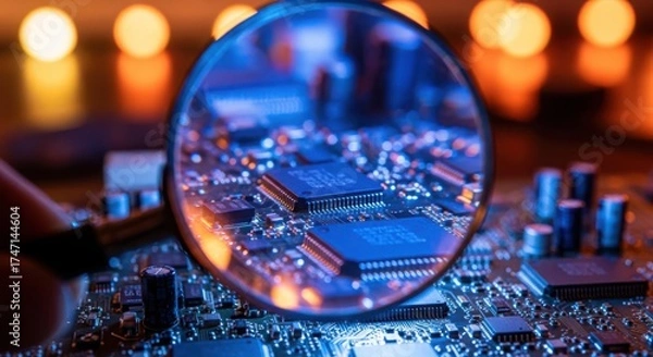 Fototapeta Magnifying glass over computer motherboard with glowing lights