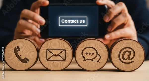 Fototapeta Contact us icons on wooden discs with smartphone in background