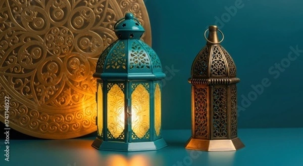 Fototapeta Two ornate ramadan lanterns glowing with warm light