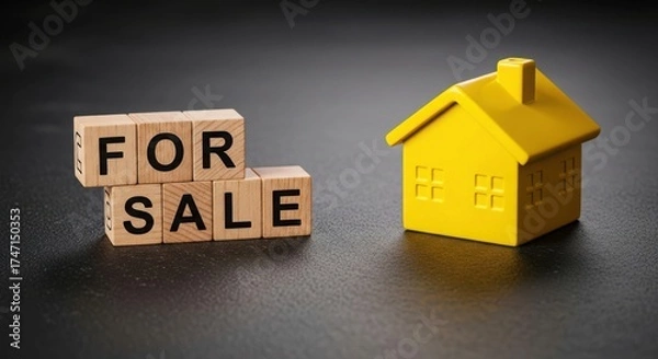 Fototapeta Wooden blocks spelling for sale next to a yellow house model