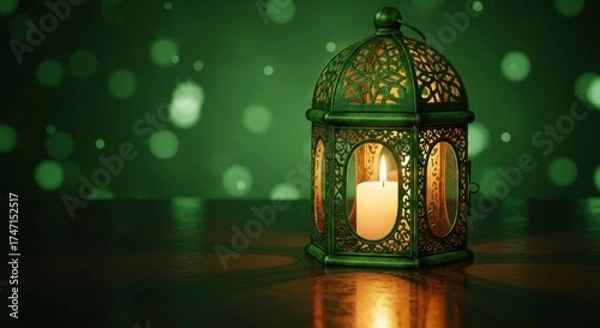 Fototapeta A traditional lantern with a lit candle, set against a green bokeh background