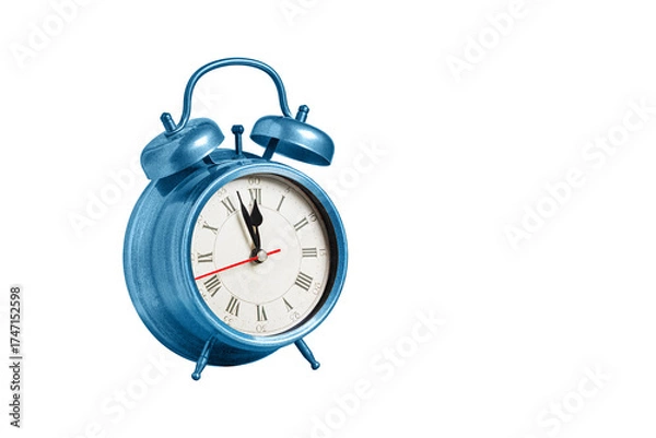 Fototapeta retro clock, pointer clock, blue color alarm clock on isolated white background close up
