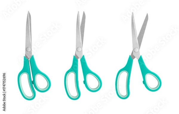 Fototapeta A set of blue handled scissors shown in closed, half-open, and open positions on a white background. Featuring sharp stainless steel blades and ergonomic grips, ideal for office, craft