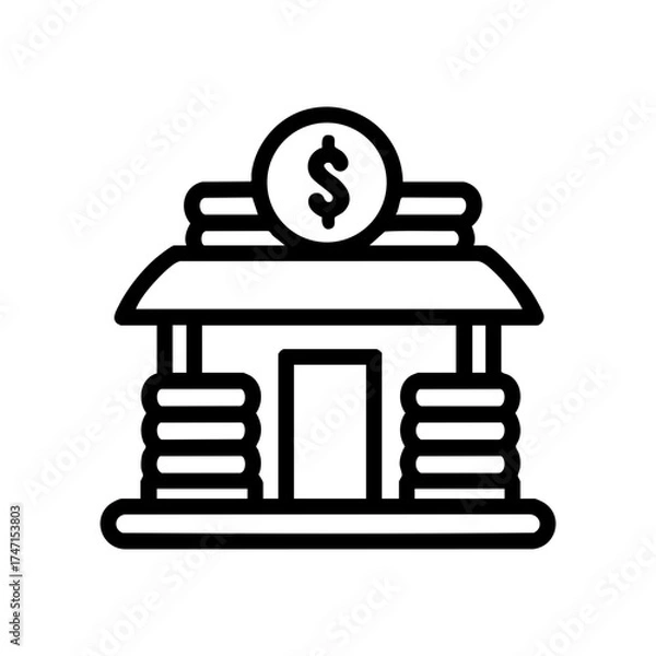 Obraz Bank building icon with money symbol on coin, representing finance and banking concept. Vector line illustration for web, app, business presentation