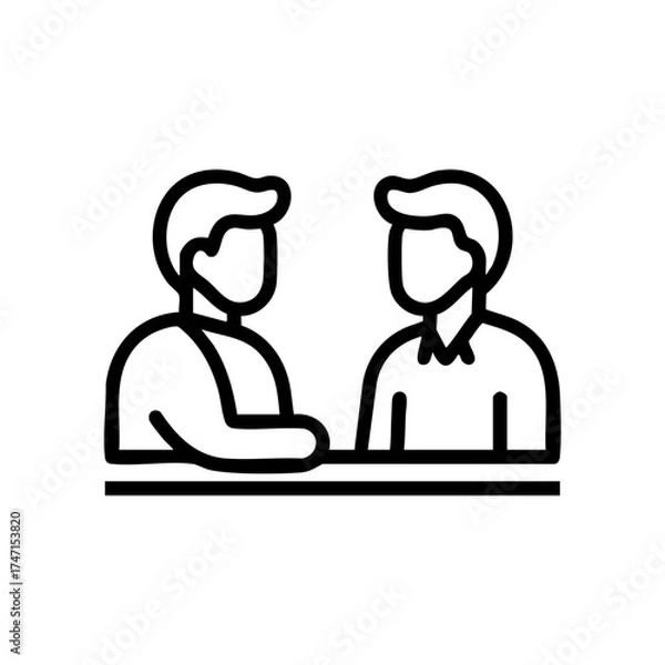Obraz Two man talking or discussion concept vector icon. Conversation, business meeting or negotiations symbol for web, app and ui