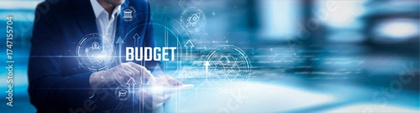 Fototapeta Businessman using mobile smartphone and financial planning apps analyzing data expense tracking, revenue forecasting, cost optimization, budget allocation, profitability analysis