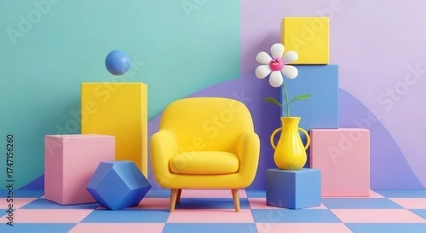 Fototapeta Vibrant 3d render of a yellow armchair with colorful geometric shapes