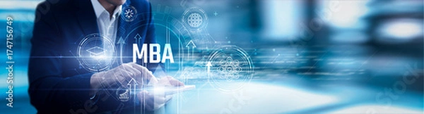 Fototapeta Businessman studying management strategies with business administration, corporate governance, leadership development, financial planning, organizational behavior, marketing management