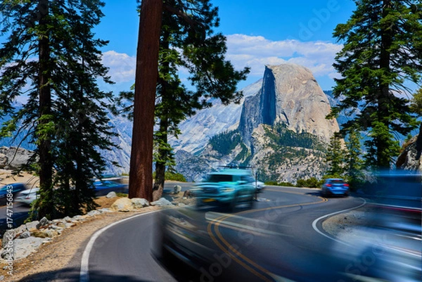 Fototapeta Glacier Point Road Traffic Motion Blur with Half Dome and Pine Trees Yosemite