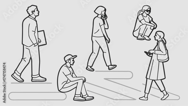 Fototapeta People in Different Poses Including Standing, Walking, Sitting, and Talking Outlined, Symbol for architecture and landscape drawing, Simple People line cad art