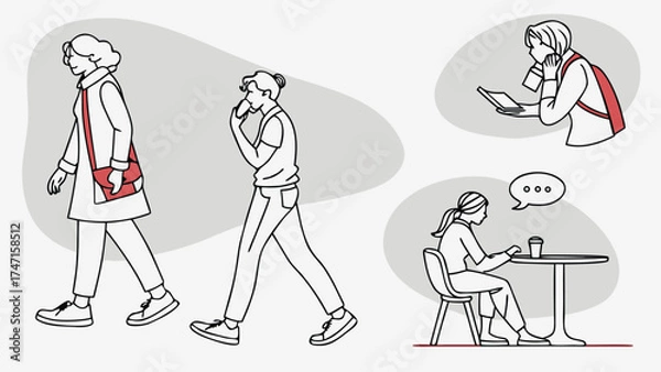 Fototapeta People in Different Poses Including Standing, Walking, Sitting, and Talking Outlined, Symbol for architecture and landscape drawing, Simple People line cad art