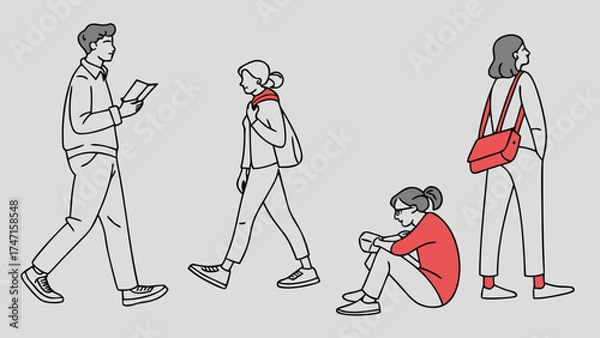 Fototapeta People in Different Poses Including Standing, Walking, Sitting, and Talking Outlined, Symbol for architecture and landscape drawing, Simple People line cad art
