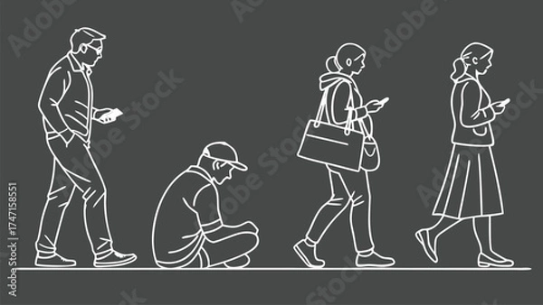 Fototapeta People in Different Poses Including Standing, Walking, Sitting, and Talking Outlined, Symbol for architecture and landscape drawing, Simple People line cad art