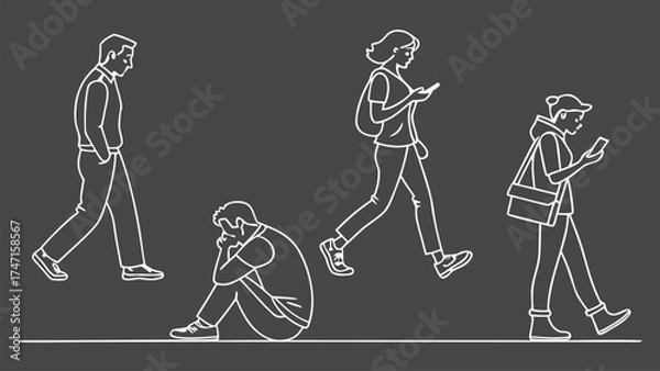 Fototapeta People in Different Poses Including Standing, Walking, Sitting, and Talking Outlined, Symbol for architecture and landscape drawing, Simple People line cad art