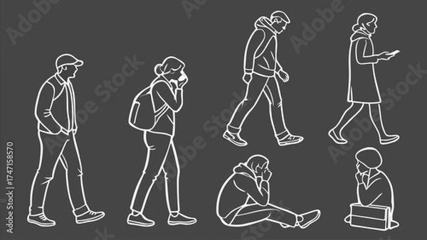Fototapeta People in Different Poses Including Standing, Walking, Sitting, and Talking Outlined, Symbol for architecture and landscape drawing, Simple People line cad art