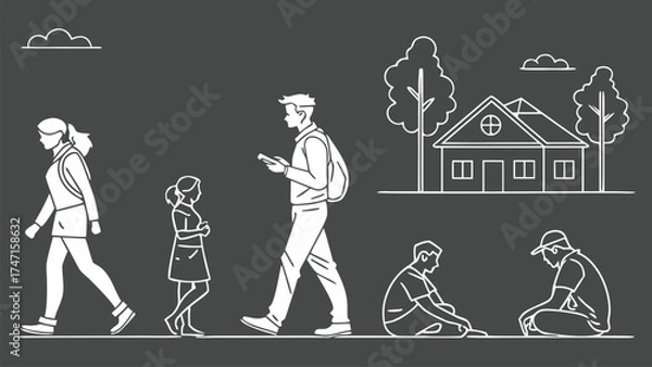 Fototapeta People in Different Poses Including Standing, Walking, Sitting, and Talking Outlined, Symbol for architecture and landscape drawing, Simple People line cad art