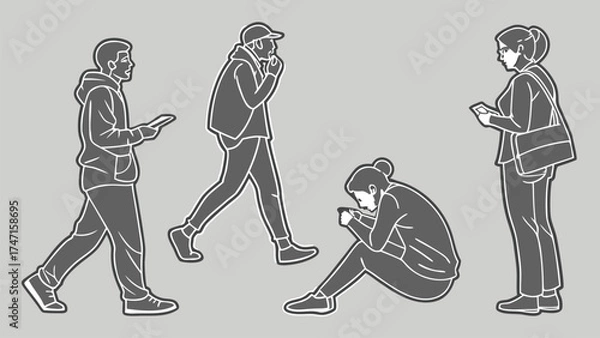 Fototapeta People in Different Poses Including Standing, Walking, Sitting, and Talking Outlined, Symbol for architecture and landscape drawing, Simple People line cad art