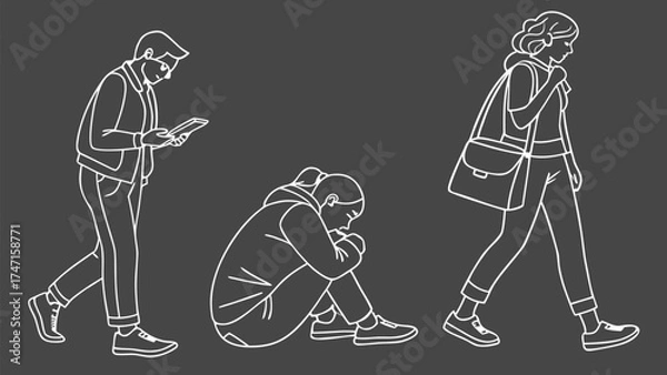 Fototapeta People in Different Poses Including Standing, Walking, Sitting, and Talking Outlined, Symbol for architecture and landscape drawing, Simple People line cad art