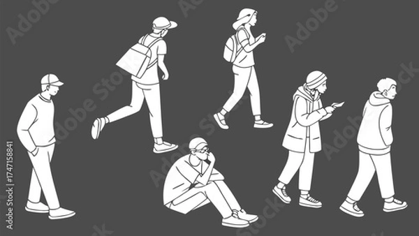 Fototapeta People in Different Poses Including Standing, Walking, Sitting, and Talking Outlined, Symbol for architecture and landscape drawing, Simple People line cad art