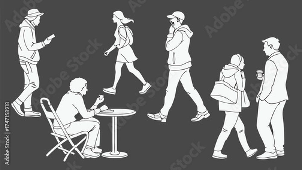 Fototapeta People in Different Poses Including Standing, Walking, Sitting, and Talking Outlined, Symbol for architecture and landscape drawing, Simple People line cad art