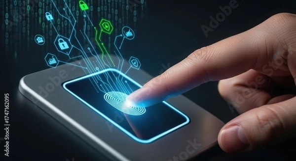 Fototapeta Fingerprint scan technology with digital security icons and data streams