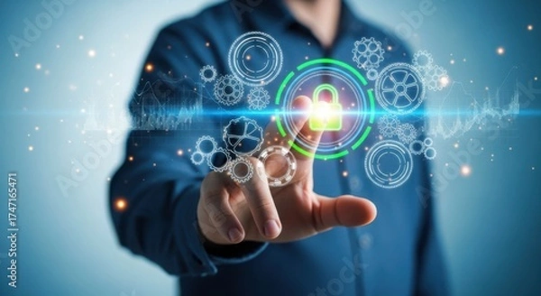 Fototapeta Man touching a digital padlock, symbolizing cybersecurity and data protection