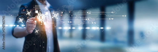 Fototapeta Businessman hand hold ETF, stock trading, portfolio diversification, financial markets, index funds, asset management, investment strategies, risk analysis, market liquidity, trading platform