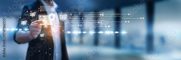 Fototapeta Businessman hand hold information security, data protection, risk management, firewalls, encryption systems, threat detection, compliance monitoring, network security, identity management