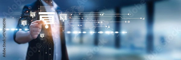 Fototapeta Businessman hand hold introduction, company profile, brand presentation, business overview, professional identity, corporate values, service highlights, product showcase, market positioning