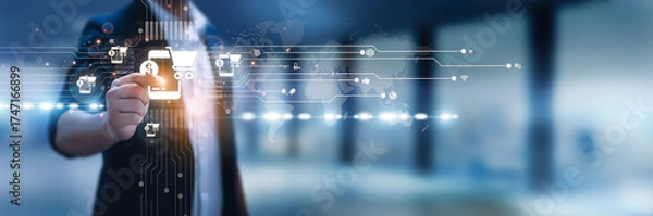 Fototapeta Businessman hand hold mobile commerce, online shopping, digital transactions, mobile payment systems, e-wallet integration, customer engagement, app-based retail, mobile optimization, secure payments