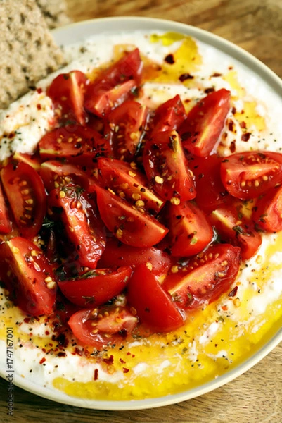 Fototapeta Tomatoes with white sauce and olive oil