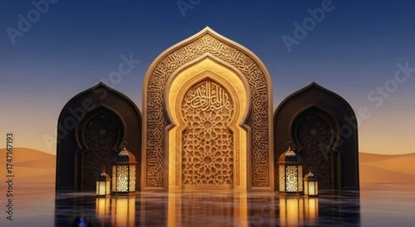 Fototapeta Majestic golden gate with arabic calligraphy and lanterns in desert landscape