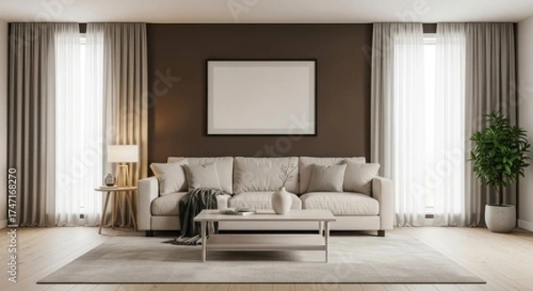 Fototapeta Elegant living room with neutral tones, featuring a sofa and blank picture frame