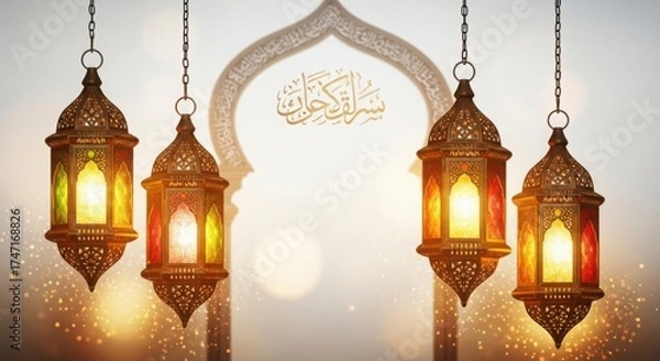 Fototapeta Ramadan lanterns with intricate designs and warm glowing light for celebration
