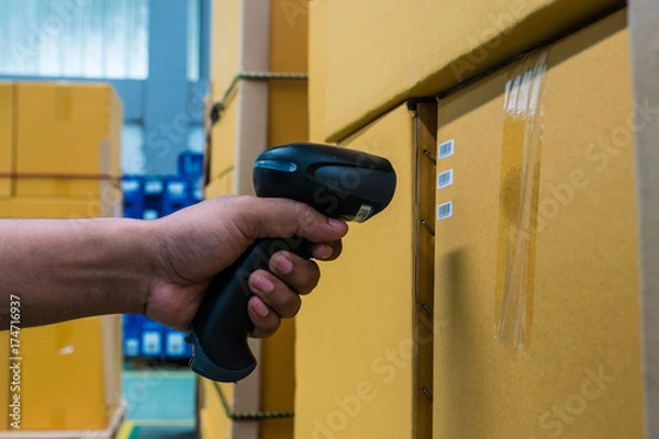 Obraz Scanning label on the boxes with bluetooth barcode scanne