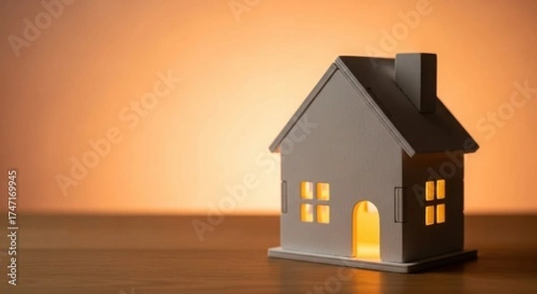 Fototapeta A miniature house with a light inside sits on a wooden surface indoors