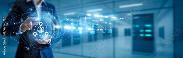 Fototapeta Businessman hand hold distribution, supply chain logistics, product delivery, wholesale management, retail distribution, inventory systems, e-commerce shipping, logistics automation