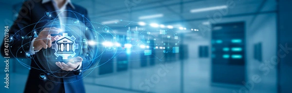 Fototapeta Businessman hand hold e-governance, digital government services, online citizen portals, transparent administration, policy automation, public data access, smart governance platforms