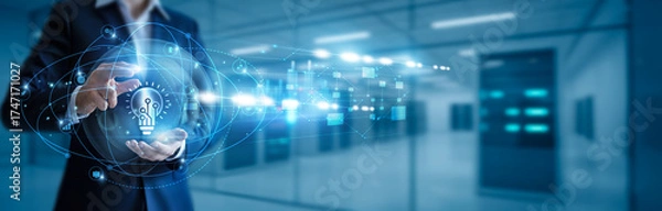 Fototapeta Businessman hand hold innovation technology, disruptive solutions, digital transformation, creative product design, AI-driven innovation, R&D strategies, emerging technologies, future tech trends