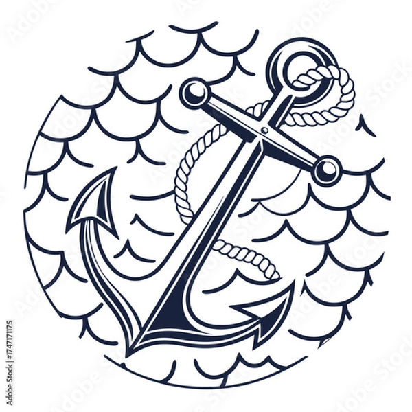 Fototapeta Dark blue anchor with rope on stylized wave pattern